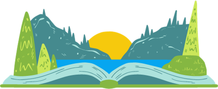 Drawing of a sun on the horizon shining over hills and a lake. Foreground shows trees on the near side of the lake, which is drawn as an open book instead of grassy ground.